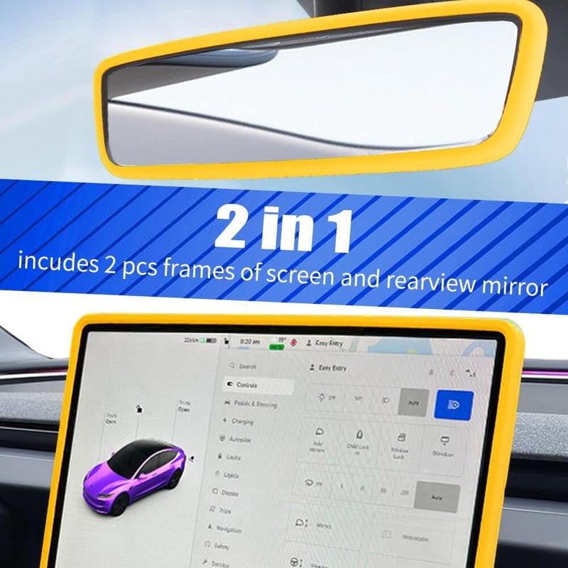 Yeapop 2Pcs Silicone Protector Frames of Screen and Rear View Mirror for Tesla Model 3 2024 Highland and Model Y 2025 Juniper. (Yellow) - Image 3